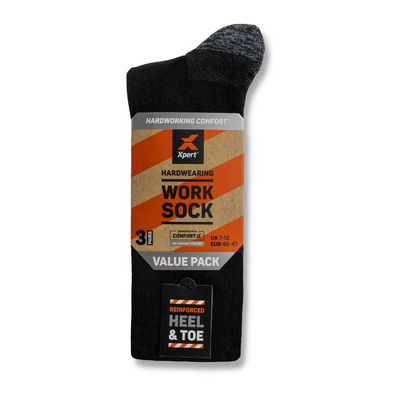 Xpert Core Comfort Work Sock 3 Pack, Black/Grey, One Size UK 7-12