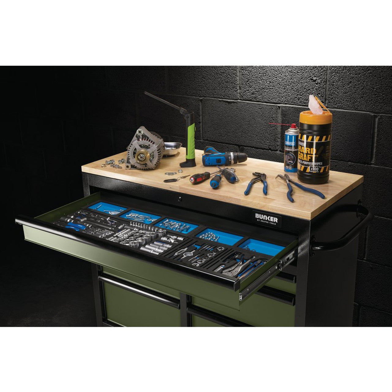 Draper 08221 BUNKER Workbench Roller Tool Cabinet 7 Drawer Green