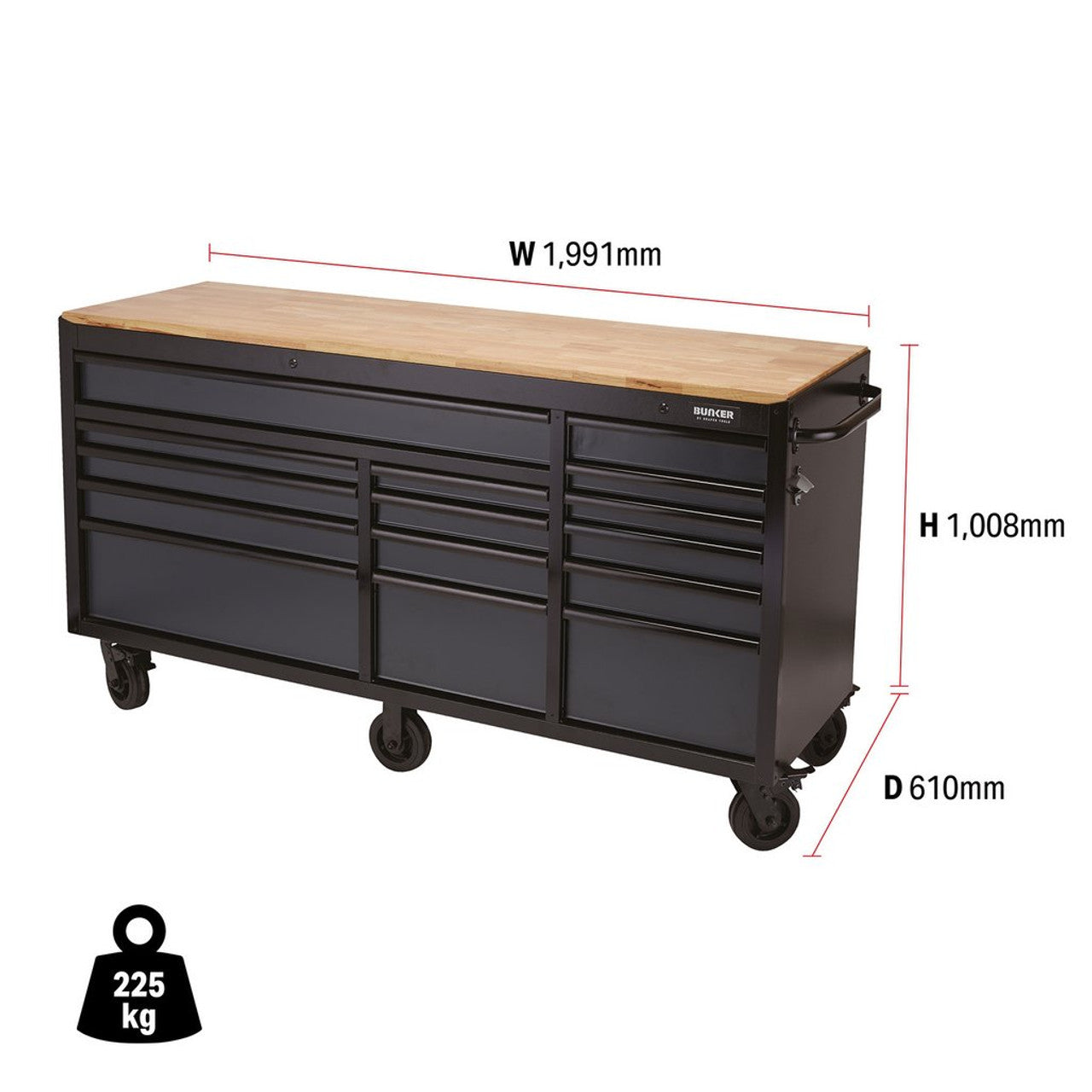 Draper 08241 BUNKER Workbench Roller Tool Cabinet, 72", 15 Drawer, Grey
