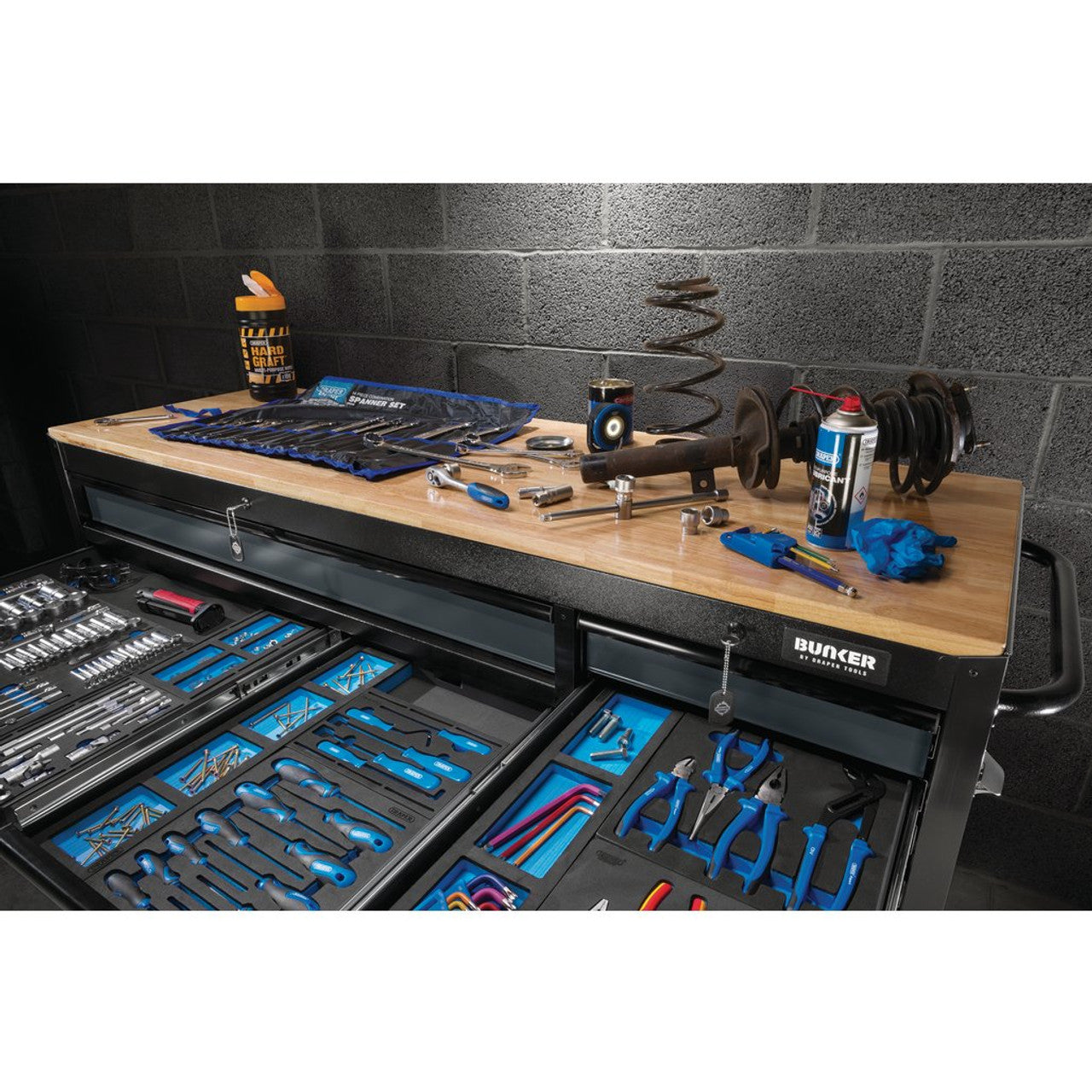 Draper 08241 BUNKER Workbench Roller Tool Cabinet, 72", 15 Drawer, Grey