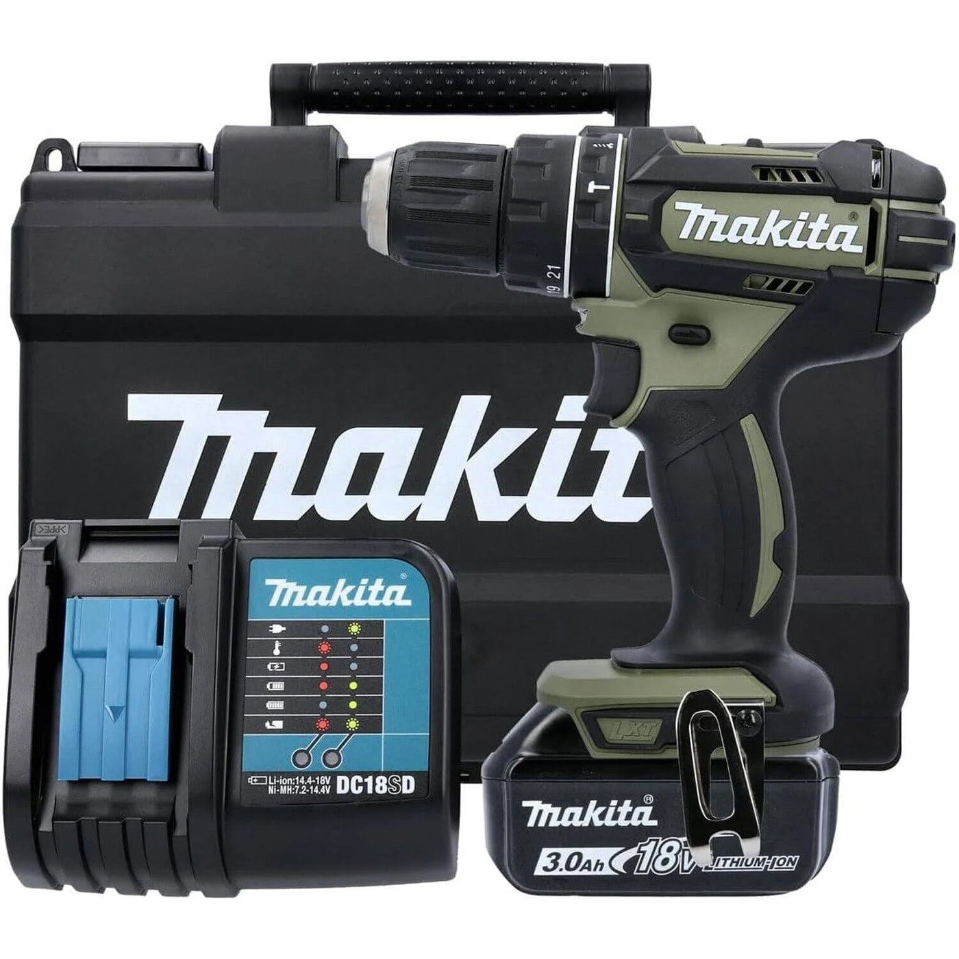 Makita DHP482SFO 18V LXT Combi Drill, 2 Speed, Olive Green, Includes 1X 3.0Ah Battery & Charger
