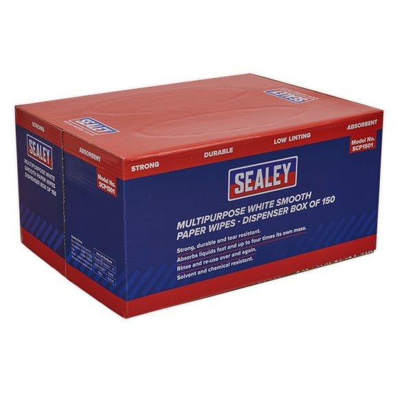 Sealey SCP150 SEALEY Paper Wipes in Polyflute Dispenser Box - Smooth White 75gsm 150 Sheets