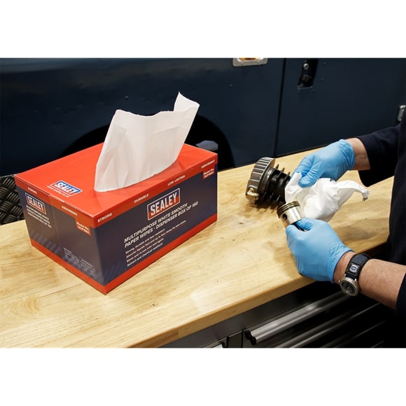 Sealey SCP150 SEALEY Paper Wipes in Polyflute Dispenser Box - Smooth White 75gsm 150 Sheets