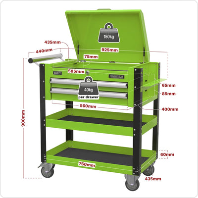 Sealey AP760MHV Heavy-Duty Mobile Tool & Parts Trolley 2 Drawers & Lockable Top - Hi-Vis Green