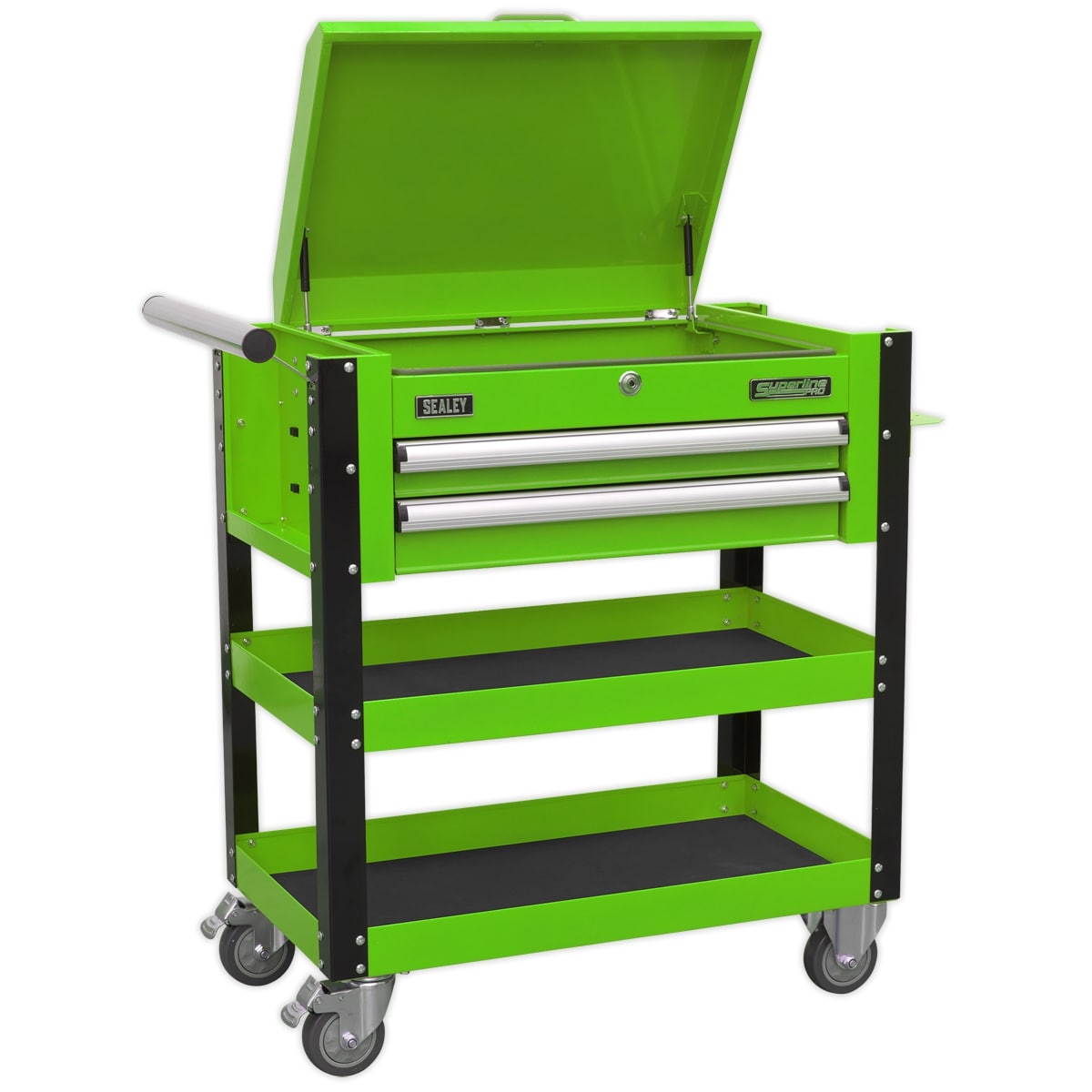 Sealey AP760MHV Heavy-Duty Mobile Tool & Parts Trolley 2 Drawers & Lockable Top - Hi-Vis Green