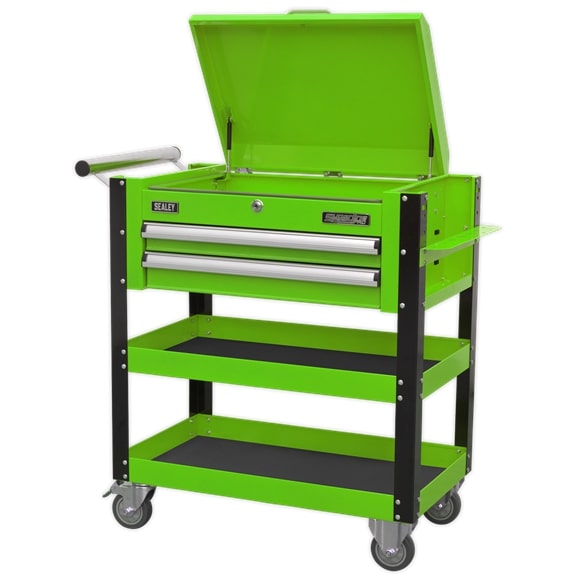 Sealey AP760MHV Heavy-Duty Mobile Tool & Parts Trolley 2 Drawers & Lockable Top - Hi-Vis Green