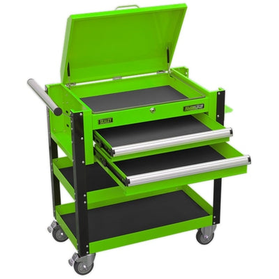 Sealey AP760MHV Heavy-Duty Mobile Tool & Parts Trolley 2 Drawers & Lockable Top - Hi-Vis Green