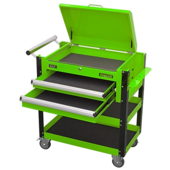 Sealey AP760MHV Heavy-Duty Mobile Tool & Parts Trolley 2 Drawers & Lockable Top - Hi-Vis Green