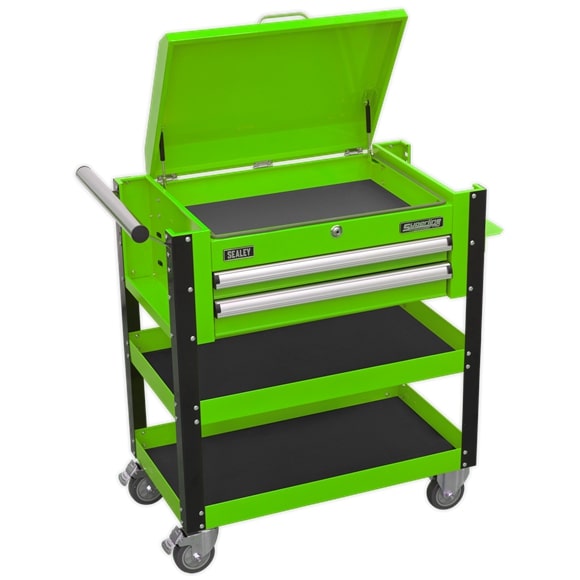 Sealey AP760MHV Heavy-Duty Mobile Tool & Parts Trolley 2 Drawers & Lockable Top - Hi-Vis Green