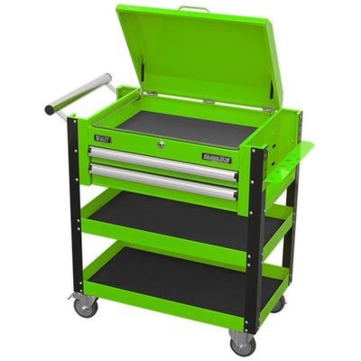 Sealey AP760MHV Heavy-Duty Mobile Tool & Parts Trolley 2 Drawers & Lockable Top - Hi-Vis Green