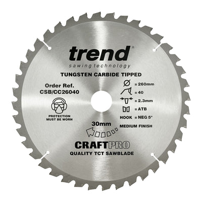 Trend Craft Saw Blade Crosscut 260mm x 40T x 30mm x 2.3mm