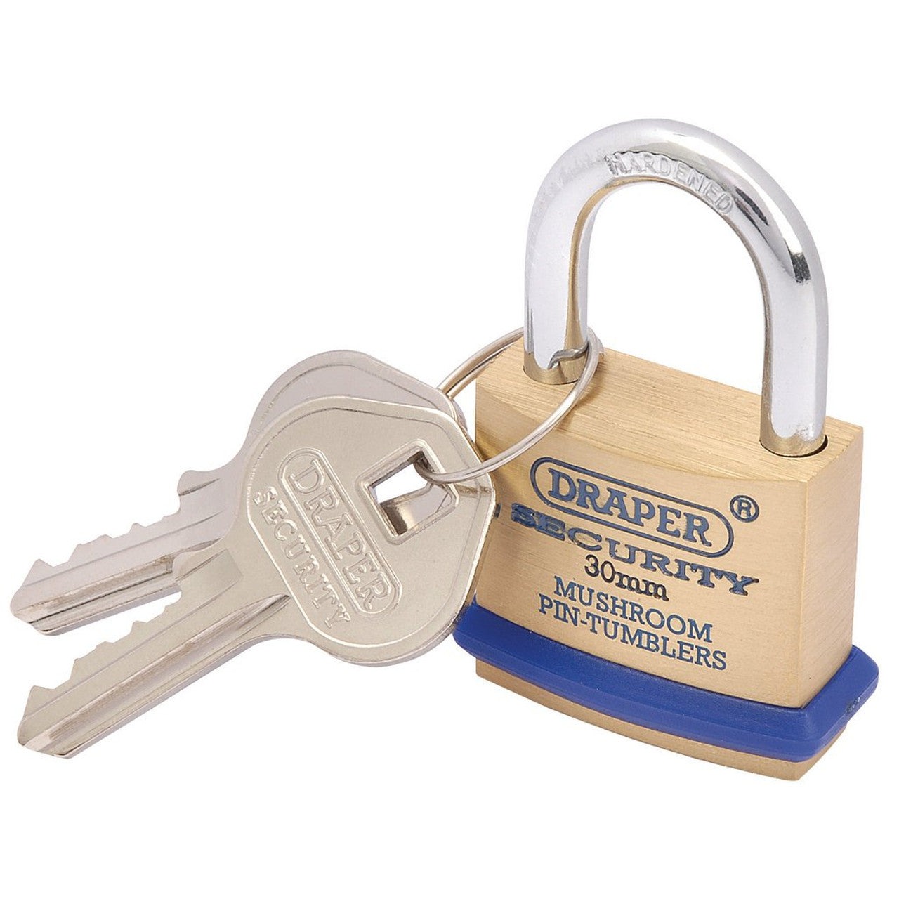 Draper 64160 Solid Brass Padlock & 2 Keys with Mushroom Pin Tumblers Hardened Steel Shackle & Bumper, 30mm