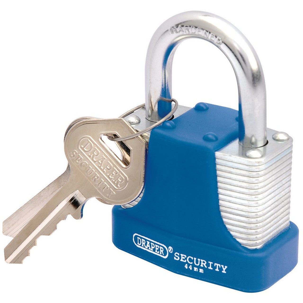 Draper 64181 Laminated Steel Padlock and 2 Keys with Hardened Steel Shackle and Bumper, 44mm