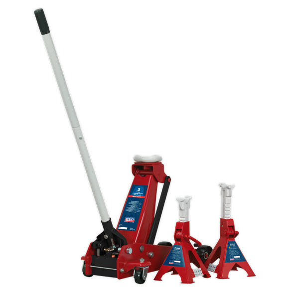 Sealey 3010CX Trolley Jack 3tonne Standard Chassis with Axle Stands (Pair) 3tonne Capacity per Stand