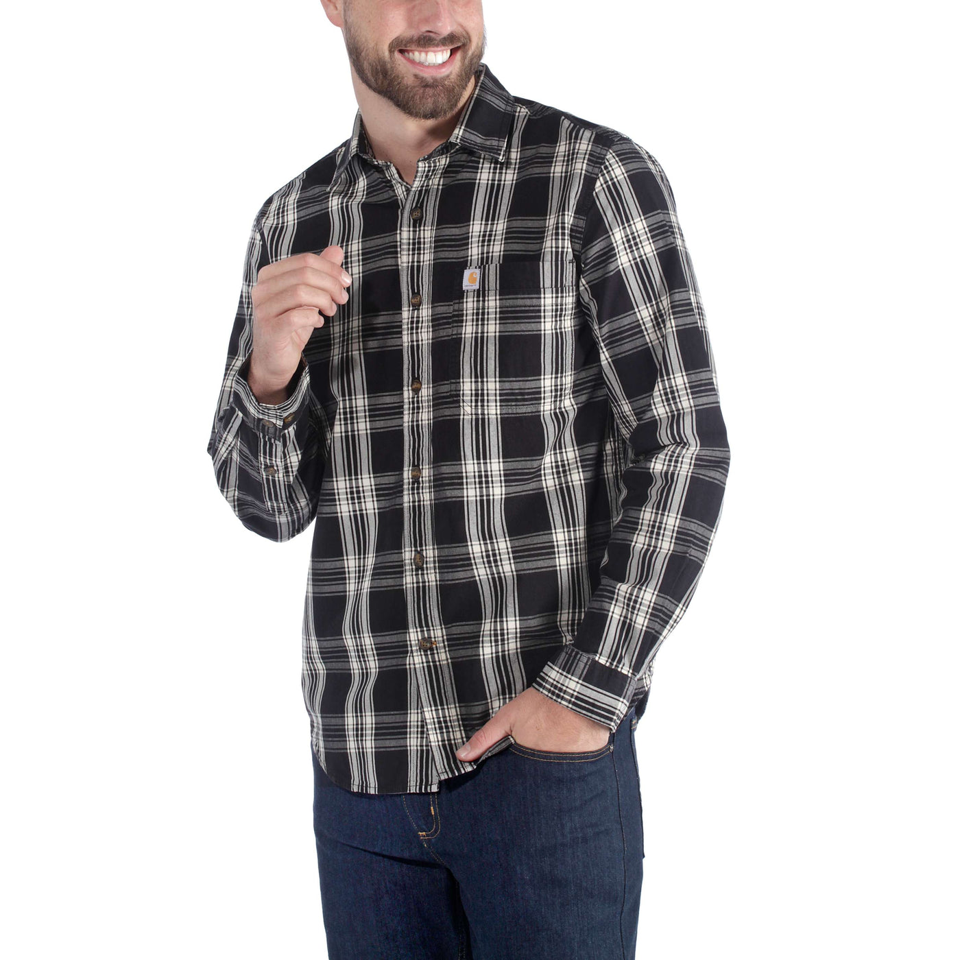 Carhartt 103667 Long Sleeve Essential Open Collar Plaid Shirt, Black