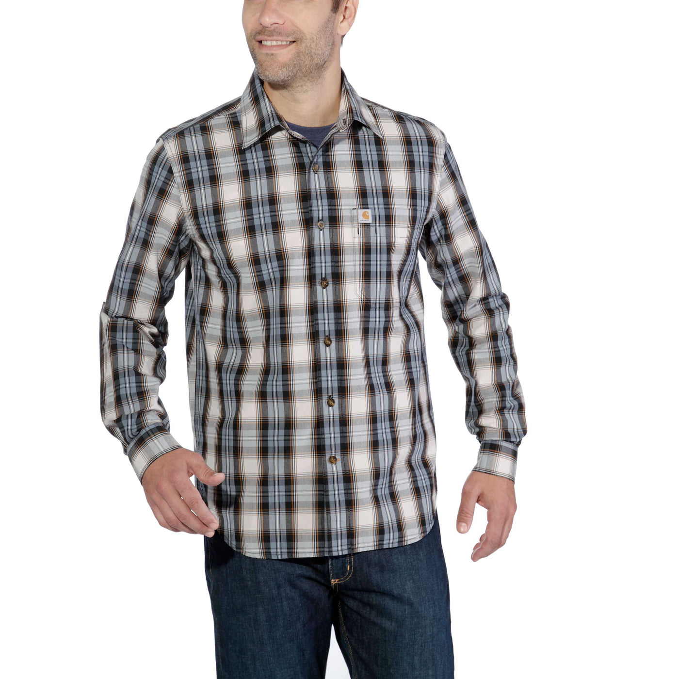 Carhartt 103667 Long Sleeve Essential Open Collar Plaid Shirt, Steel Blue