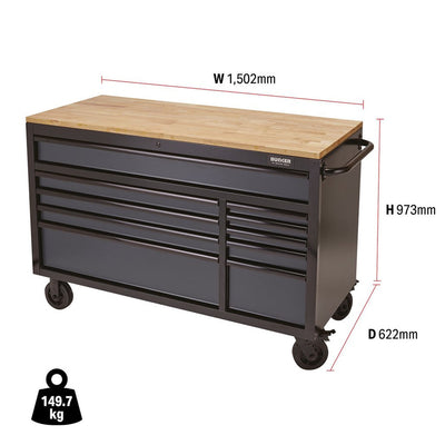 Draper 08227 BUNKER Workbench Roller Tool Cabinet 10 Drawer Grey
