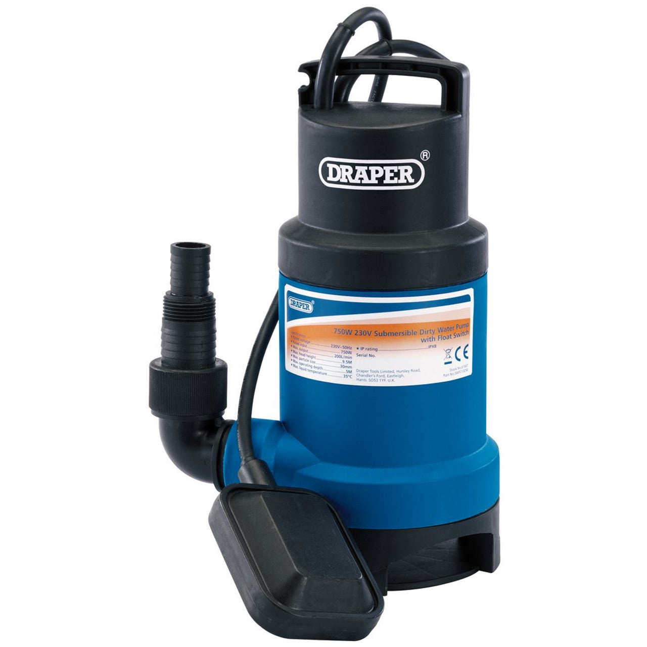 Draper 61667 Submersible Dirty Water Pump with Float Switch, 200L/Min, 750W