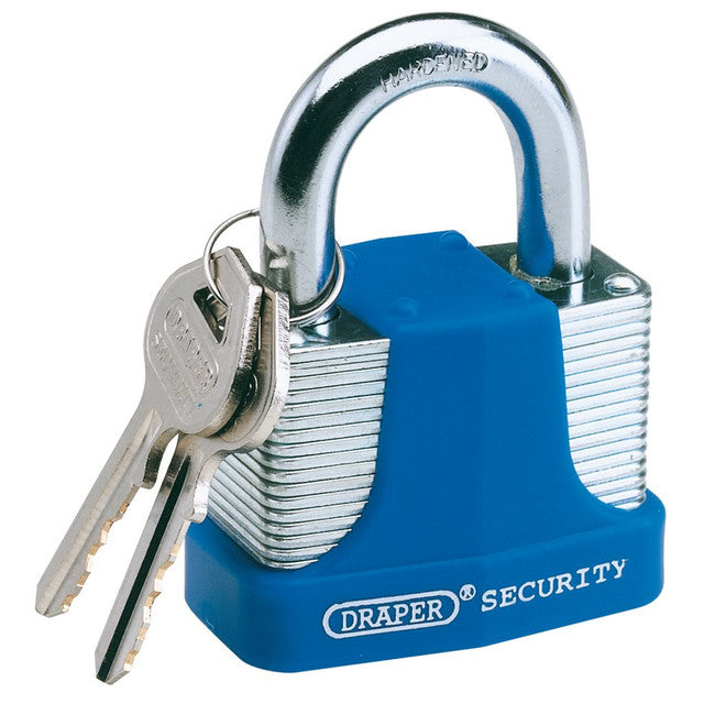 Draper 64180 Laminated Steel Padlock and 2 Keys with Hardened Steel Shackle and Bumper, 40mm