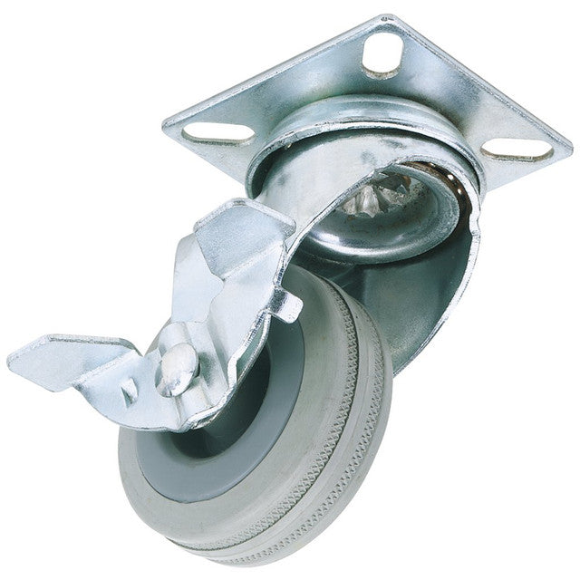 Draper 65469 Swivel Plate Fixing Rubber Castor with Brake, 50mm Diameter, S.W.L. 50kg