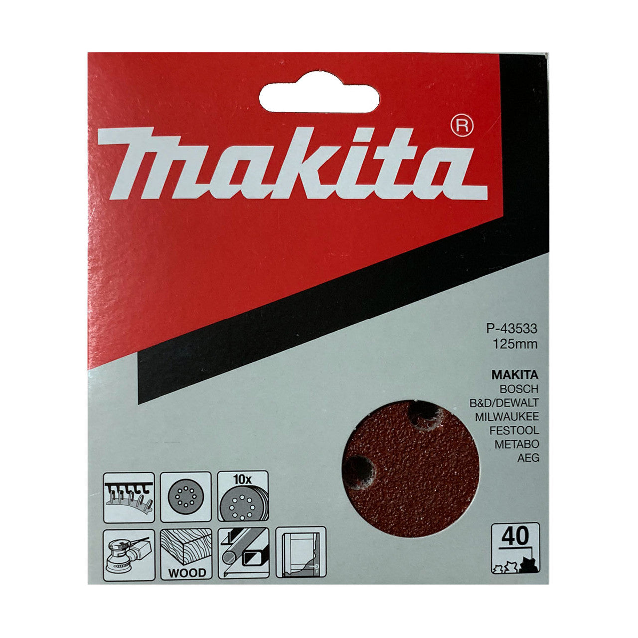 Makita P-43533 Abrasive Disc 125 Punched 40G - Pack of 10