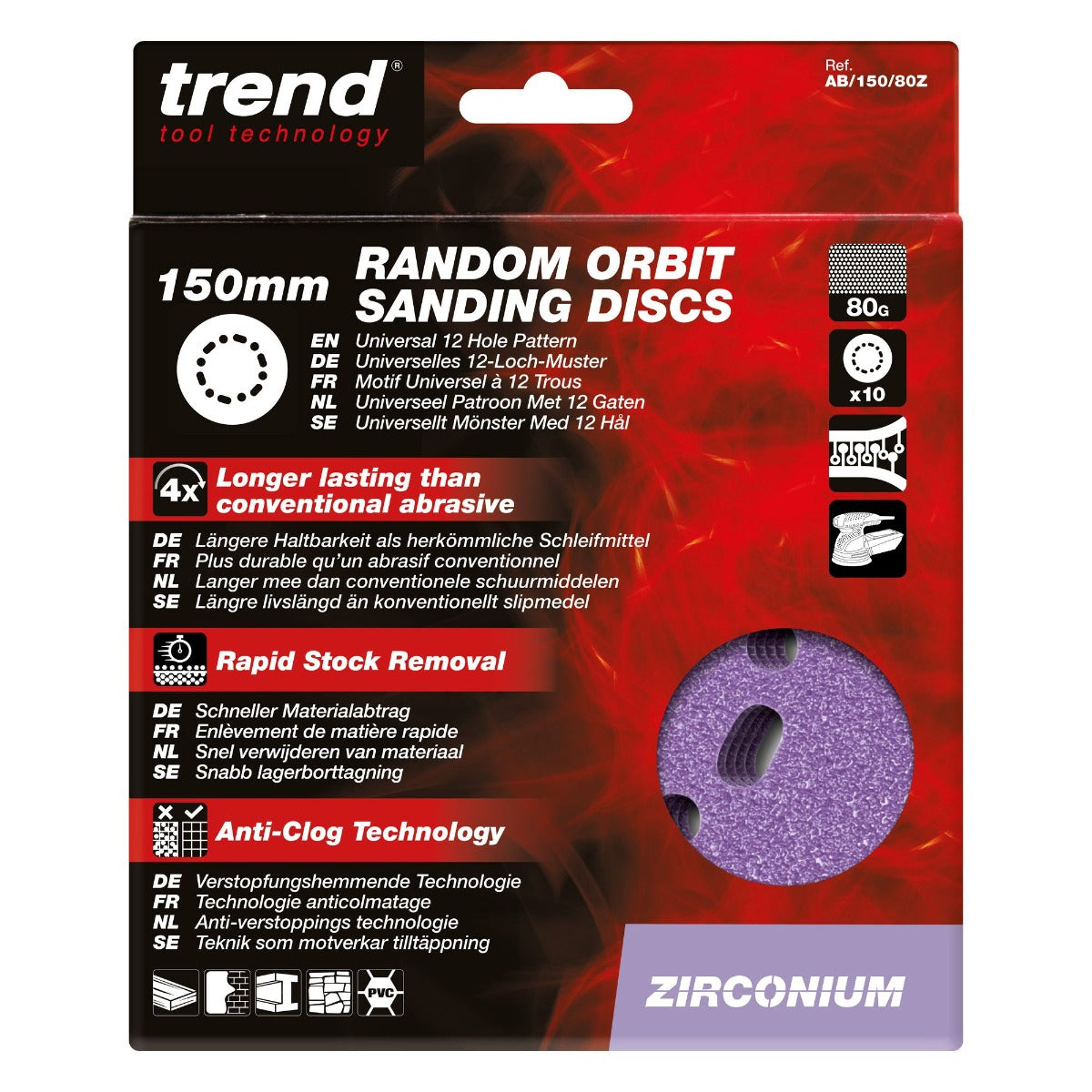 Trend AB/150/80Z Zirconium Random Orbital Sanding Disc 150mm 80 grit (10 Pack)