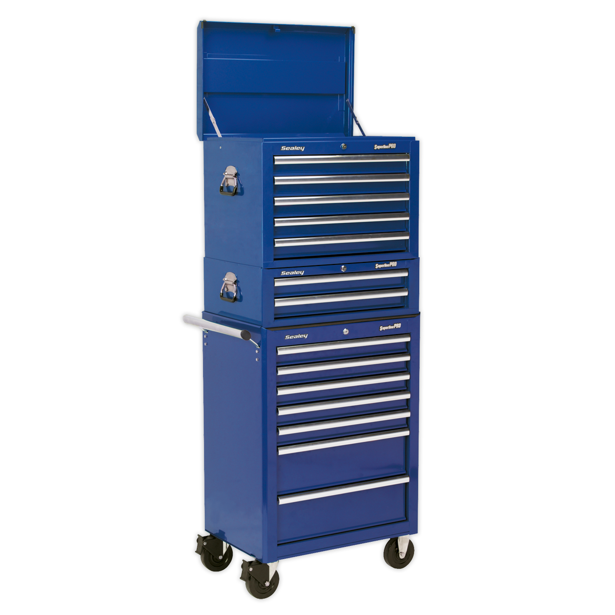 Sealey APSTACKTC Topchest, Mid-Box & Rollcab Combination 14 Drawer with Ball Bearing Slides - Blue