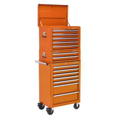 Sealey APSTACKTO Topchest, Mid-Box & Rollcab Combination 14 Drawer with Ball Bearing Slides - Orange
