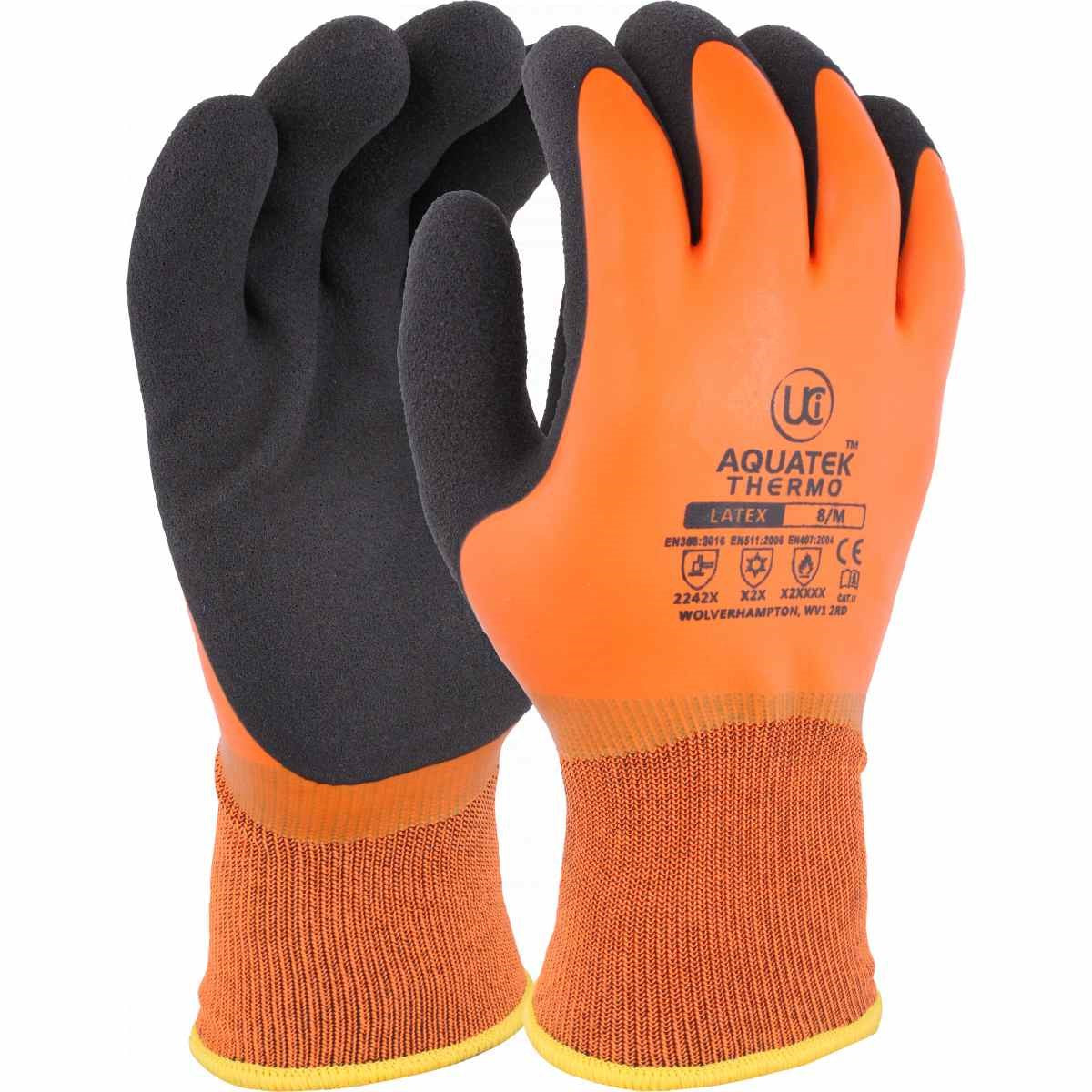 Ultimate Industrial Aquatek-Thermo Thermal Dual Coated Latex Gloves, Black on Orange