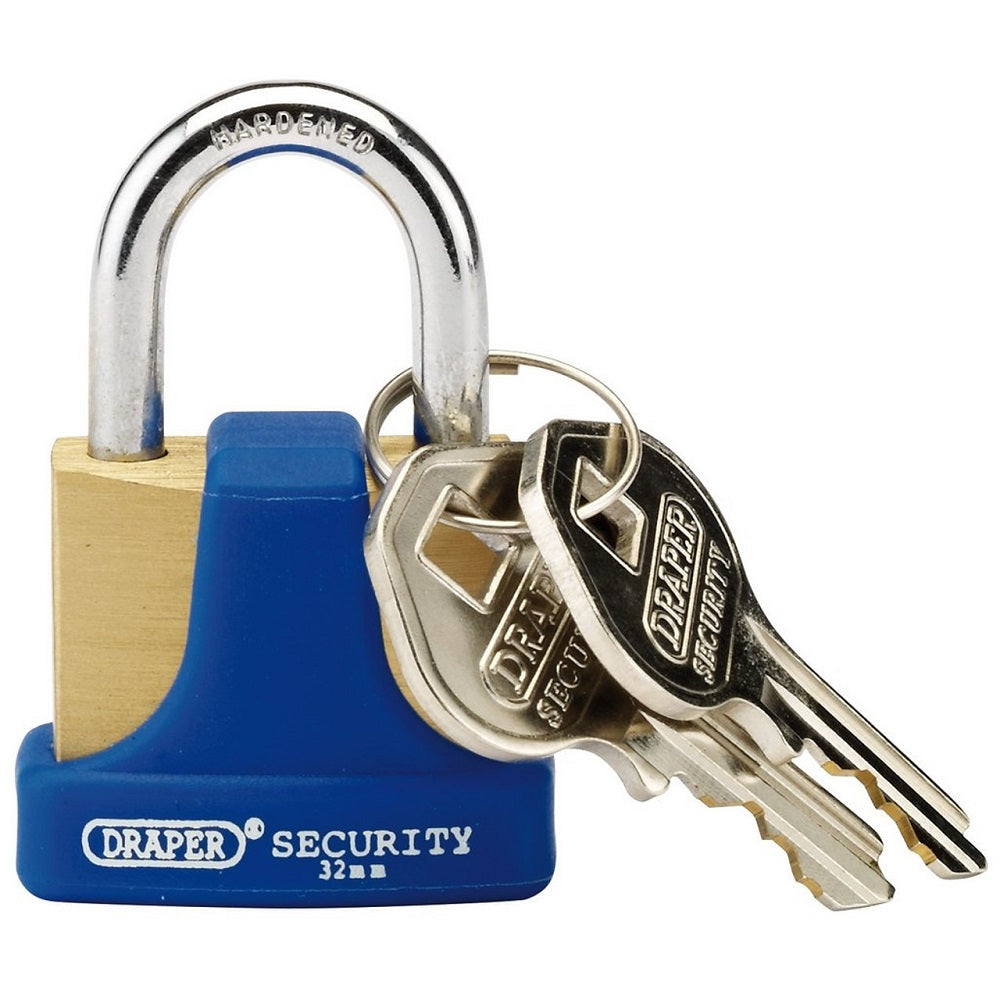 Draper 64164 Solid Brass Padlock & 2 Keys with Hardened Steel Shackle & Bumper, 32mm