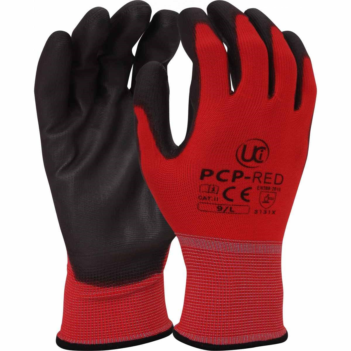 Ultimate Industrial PCP-Red PU Palm Coated Gloves, Black on Red